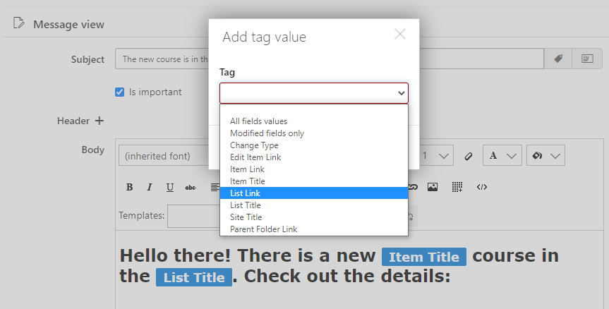 Message body with tags