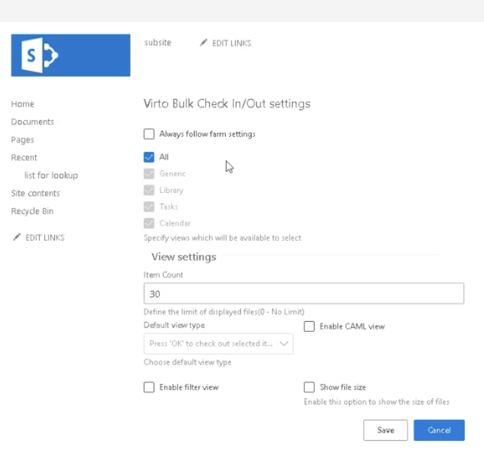 Site settings - bulk checkin/out