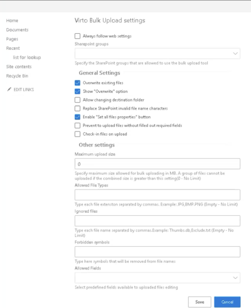 virto bulk upload settings