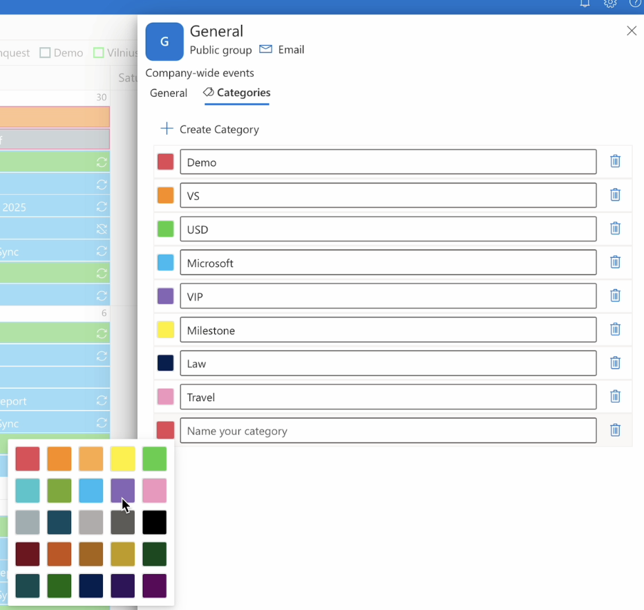 Creating a category in virto calendar app