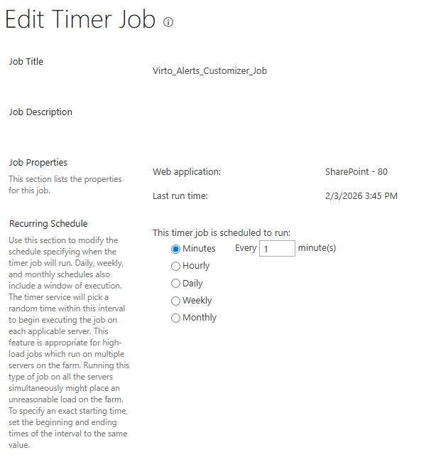 Virto Alerts timer job