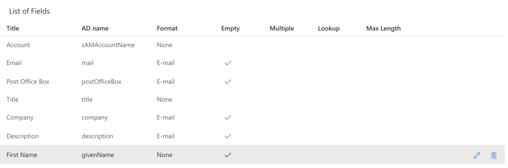 To modify any field, click the pencil icon. Click the bin icon to delete the field.