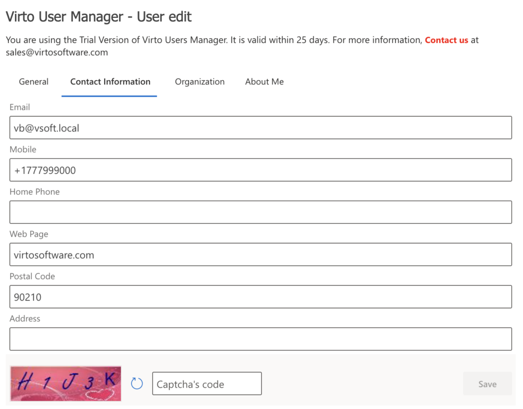 contact info settings - user edit web part