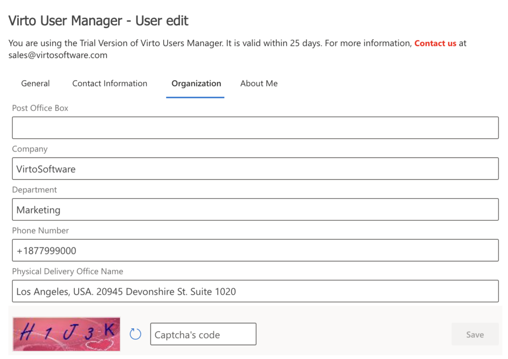 organization settings - user edit web part
