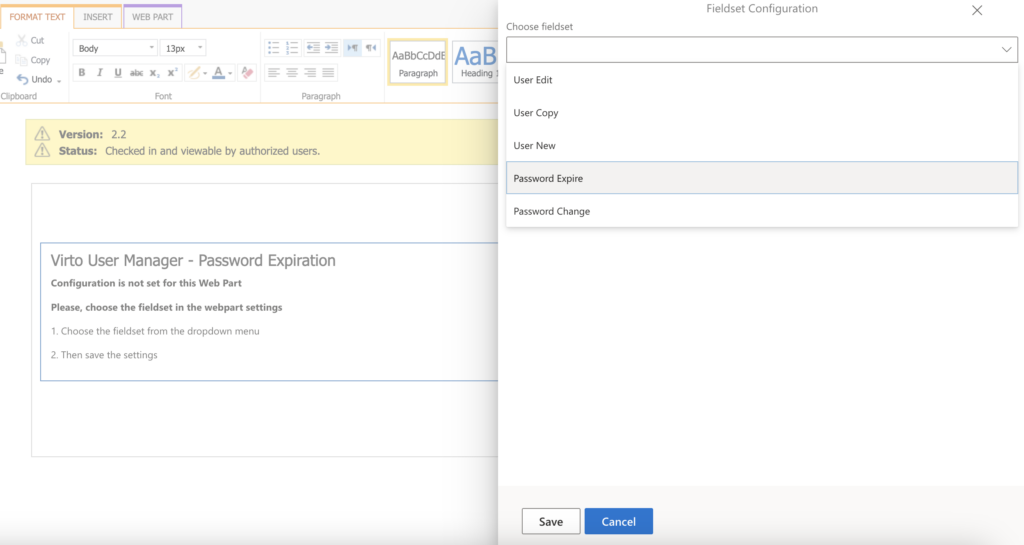 Choosing the fieldset for the web part.