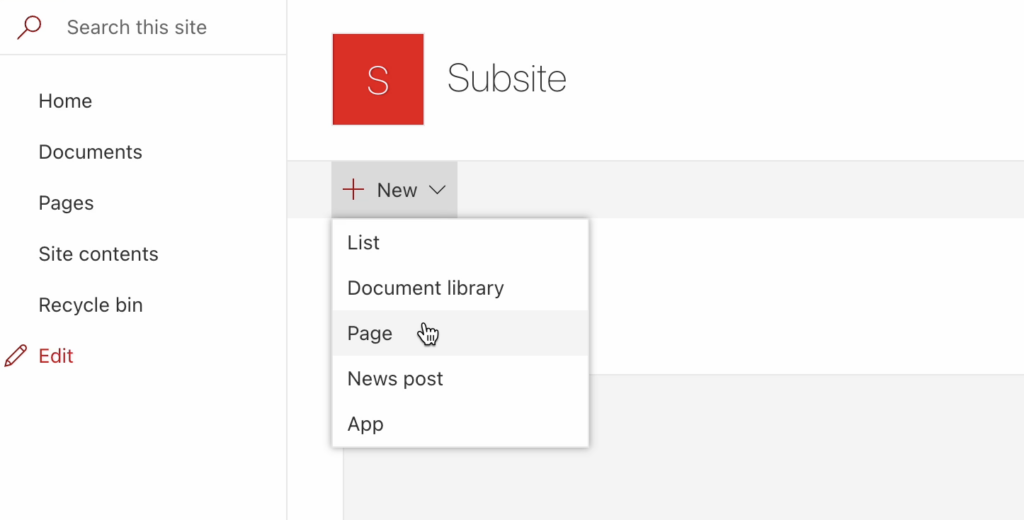 new page in sharepoint modern