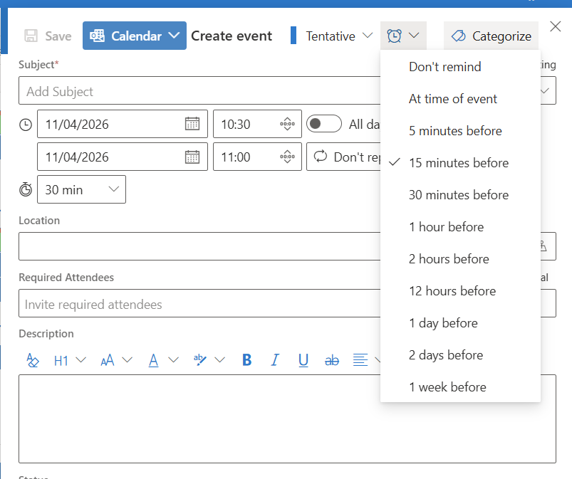 Setting an Outlook event reminder
